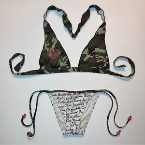 Vintage Retro y2k Salinas Camouflage Heart Sequin Halter Bikini Set Pink Sz SM